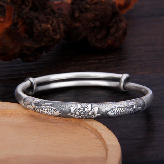 Mythstone 999 Sterling Silver Koi Fish Lotus Wealth Luck Bracelet Bangle