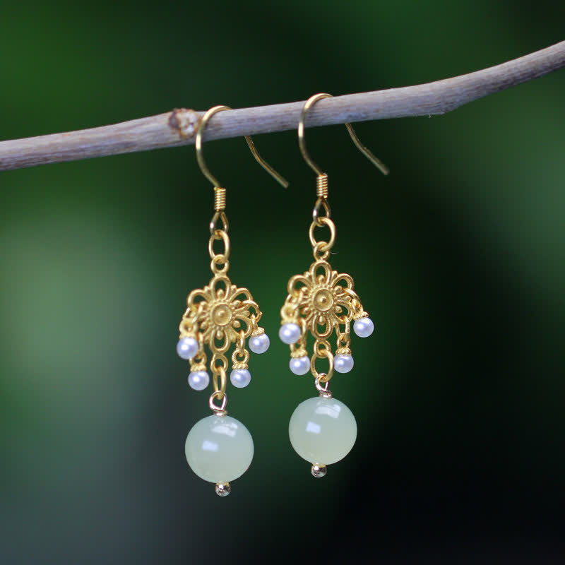 Mythstone Hetian Jade Flower Pattern 14K Gold Plated Luck Drop Dangle Earrings