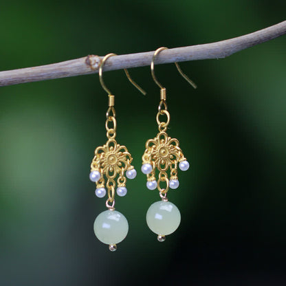 Mythstone Hetian Jade Flower Pattern 14K Gold Plated Luck Drop Dangle Earrings