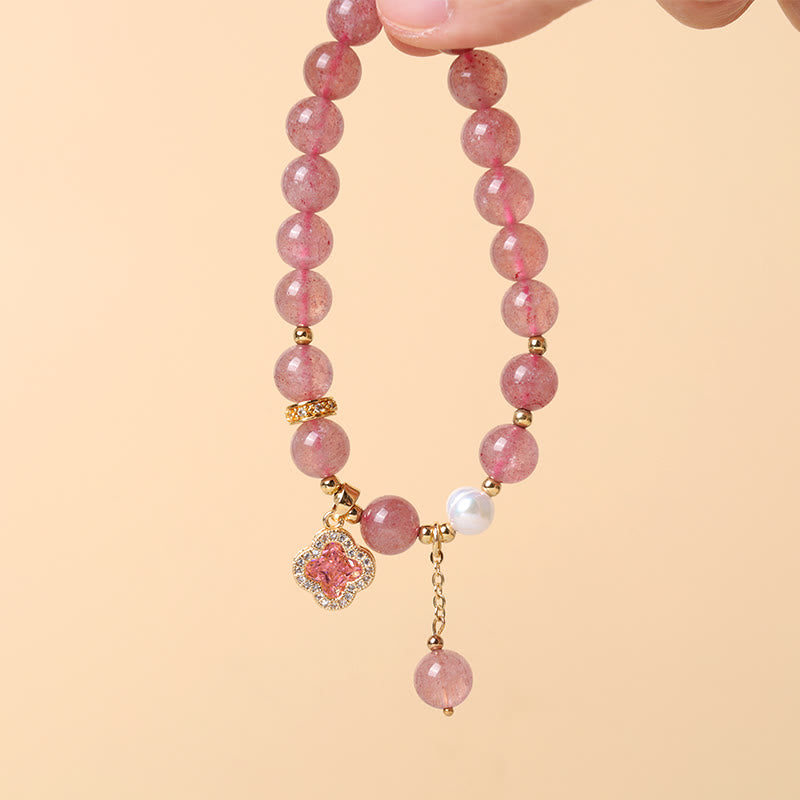 Mythstone Strawberry Quartz Pearl Four Leaf Clover Charm Healing Bracelet