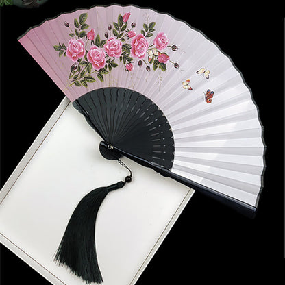 Mythstone Vintage Bamboo Peony Butterfly Lotus Handheld Silk Folding Fan With Bamboo Frames