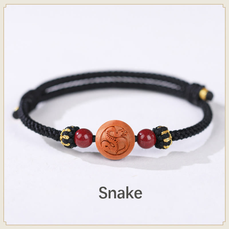 Mythstone Natural Peach Wood Chinese Zodiac Fu Character Carved Cinnabar Wealth Bracelet