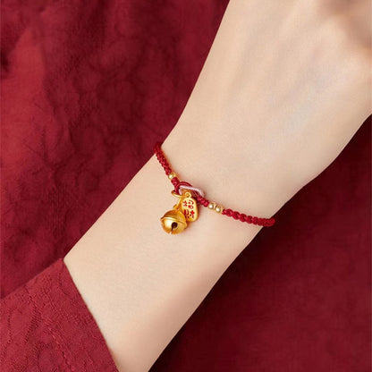 Mythstone Handmade Fu Character Charm Luck Happiness Bell Red Rope Bracelet