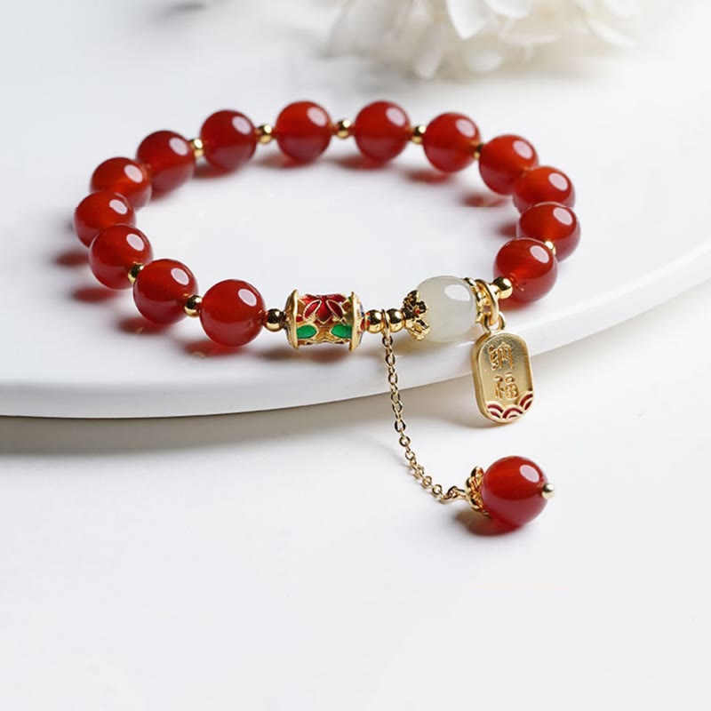 Mythstone Natural Red Agate Hetian Jade Fu Character Confidence Charm Bracelet