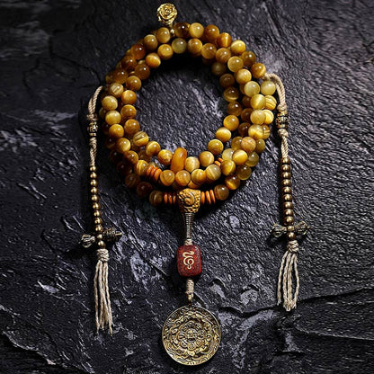 Mythstone 108 Mala Beads Natural Tiger Eye Copper Dorje Protection Tassel Bracelet