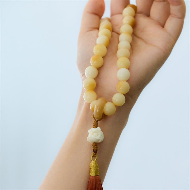 Mythstone Natural Bodhi Seed Ivory Fruit Dancing Lion Charm Harmony Tassel Wrist Mala