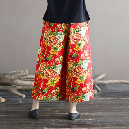 Pantalones anchos de lino y algodón con flores de peonía roja de Mythstone y bolsillos 