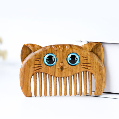 Mythstone Simple Cat Pattern Green Sandalwood Cure Portable Comb