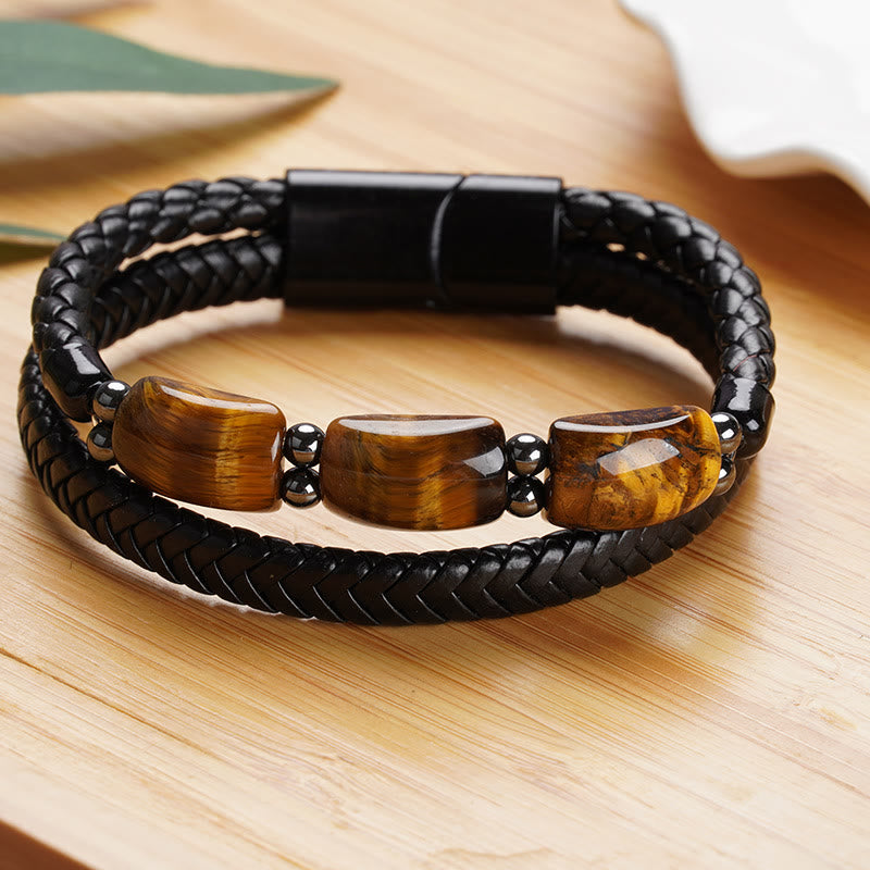 Mythstone Natural Tiger Eye Protection Willpower Magnetic Buckle Leather Bracelet