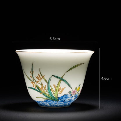 Mythstone Colorful Flowers Orchid Sea Waves Blue and White Porcelain Ceramic Teacup Kung Fu Tea Cup