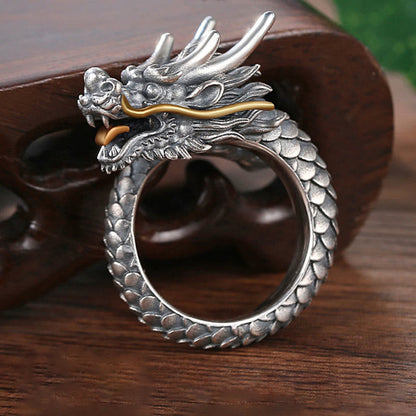 Mythstone 925 Sterling Silver Vintage Dragon Design Protection Strength Adjustable Ring