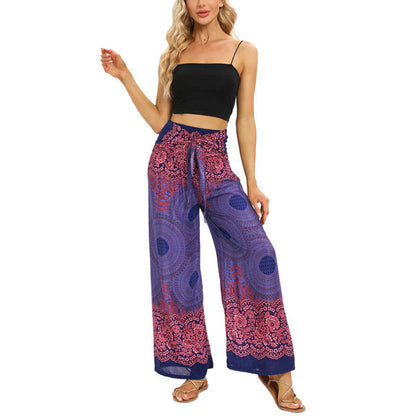 Mythstone Bohemian Compass Flower Print Lace-up Wide Leg Pants Women's Yoga Pants