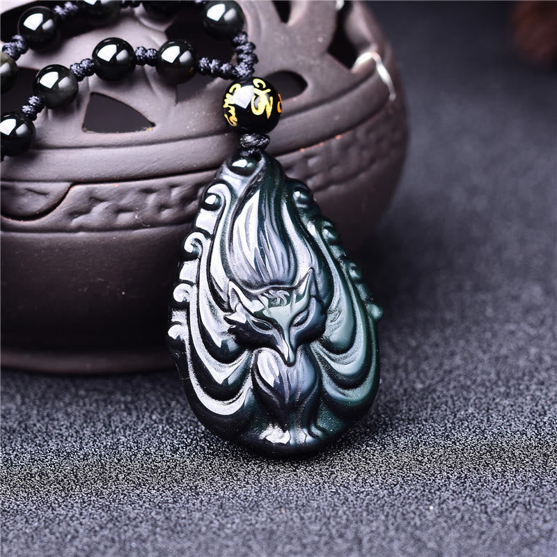 Mythstone Natural Rainbow Obsidian Nine Tailed Fox Inner Peace Necklace Beaded String Pendant