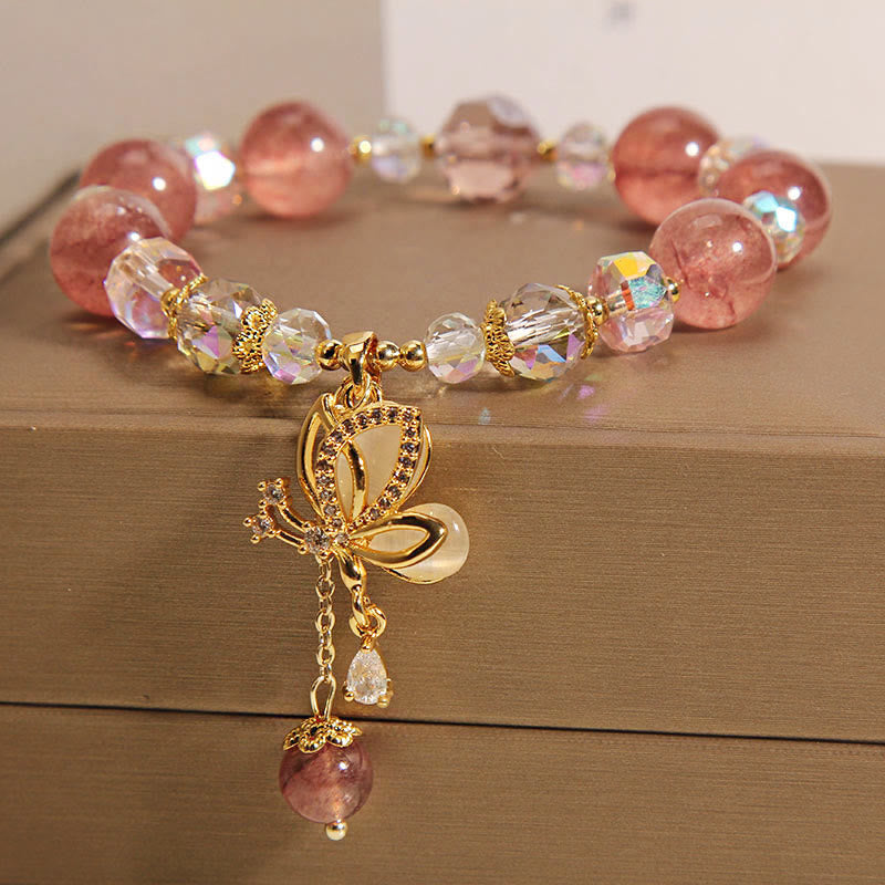 Mythstone Natural Strawberry Quartz Healing Positive Butterfly Charm Bracelet