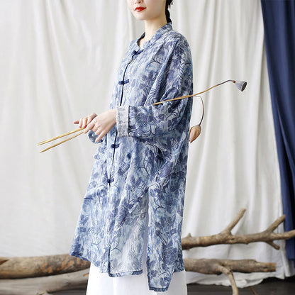 Mythstone Blue Flowers Butterfly Frog-Button Long Sleeve Ramie Linen Jacket Shirt With Pockets