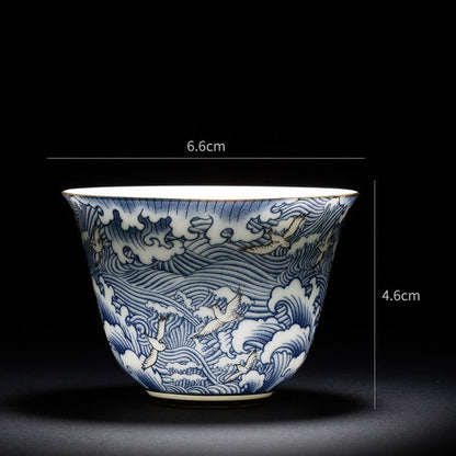 Mythstone Colorful Flowers Orchid Sea Waves Blue and White Porcelain Ceramic Teacup Kung Fu Tea Cup