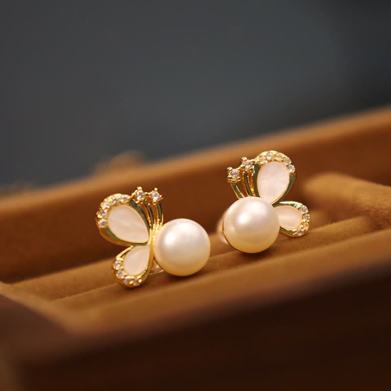 Mythstone 925 Sterling Silver Posts 18K Gold Plated Copper Natural Pearl Butterfly Zircon Healing Stud Earrings