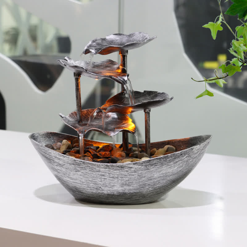 Mythstone Lotus Leaf Shaped Waterfall Fountain Tabletop Ornaments With LED Light Home Office Desktop Decoration