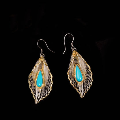 Mythstone 925 Sterling Silver Turquoise Bodhi Leaf Pattern Protection Drop Dangle Earrings