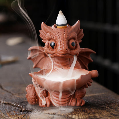 Mythstone Lovely Dinosaur Purple Clay Backflow Smoke Fountain Healing Incense Burner Decoration