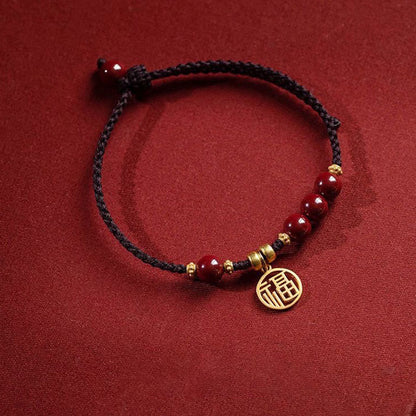 Mythstone Cinnabar Bead Fu Character Charm Blessing Braided String Bracelet