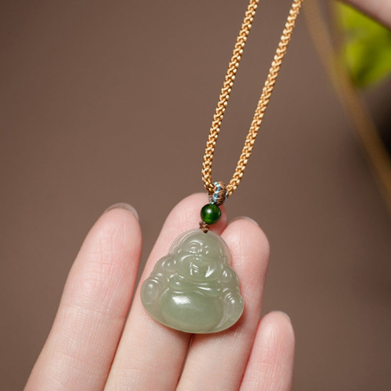 Mythstone Laughing Buddha Jade Lotus Prosperity String Necklace Pendant