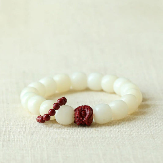 Mythstone Natural Bodhi Seed Cinnabar Dancing Lion Charm Wisdom Harmony Wrist Mala