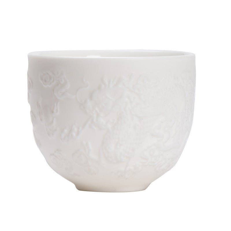 Mythstone Dragon Phoenix Relief White Porcelain Ceramic Teacup Kung Fu Tea Cup 115ml