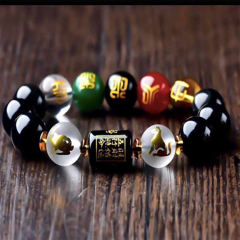 Pulsera de obsidiana con cinco elementos de la prosperidad y la riqueza según el feng shui del zodiaco chino