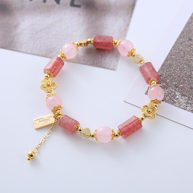 Mythstone Strawberry Quartz Pink Crystal Love Heart Flower Positive Bracelet