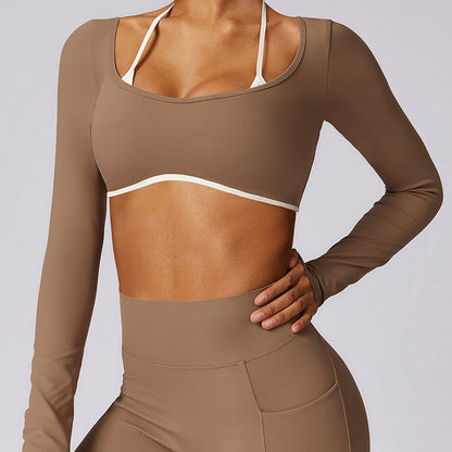 Mythstone Solid Color Halter Neck Bra Long Sleeve Crop Tank Top Pants Sports Fitness Gym Yoga Outfits