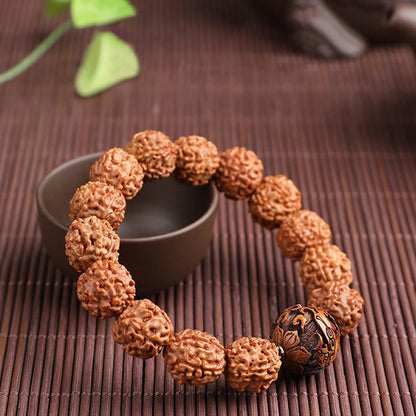 Pulsera de la suerte y la riqueza con moneda de cobre PiXiu y semilla de Bodhi de Rudraksha del Tíbet