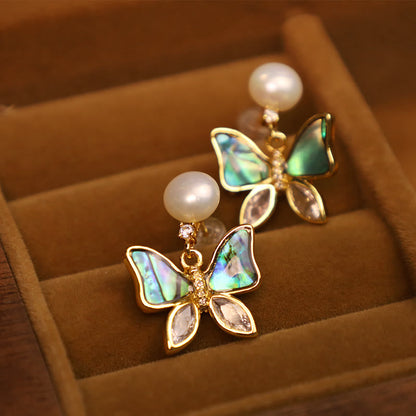 Mythstone 18K Gold Plated Copper Natural Shell Pearl Butterfly Sincerity Stud Earrings