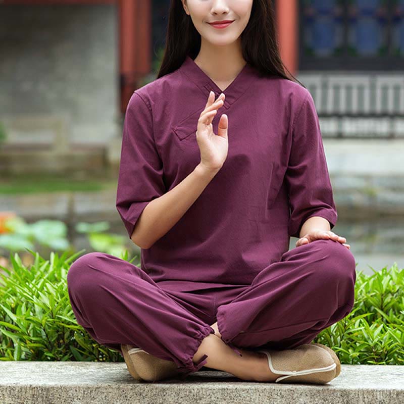 Mythstone 2Pcs Half Sleeve V-Neck Shirt Top Pants Meditation Zen Tai Chi Linen Clothing Women's Set