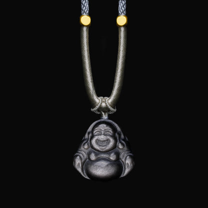 Mythstone Natural Silver Sheen Obsidian Laughing Buddha Protection Necklace Pendant