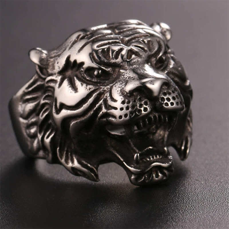 Mythstone Men's Animal Tiger Head Titanium Steel Balance Calm Punk Rock Biker Ring