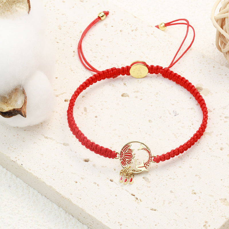 Mythstone Tibetan Handmade Lotus Koi Fish Lucky Red String Bracelet