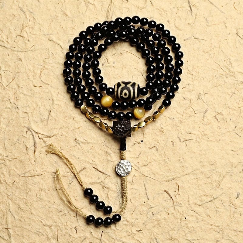 Mythstone Tibetan 108 Mala Beads Black Onyx Three-eyed Dzi Beads Protection Bracelet