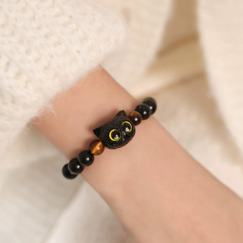 Mythstone Cute Ebony Wood Cat Head Pattern Peace Bracelet