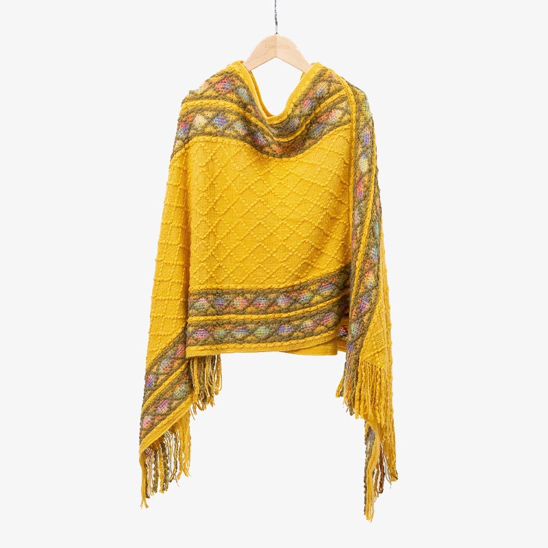 Mythstone Tibetan Colorful Striped Rhombus Pattern Shawl Tassels Pullover Winter Cozy Travel Scarf Wrap