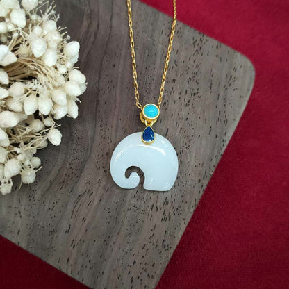 Mythstone White Jade Elephant Luck Fortune Necklace Pendant