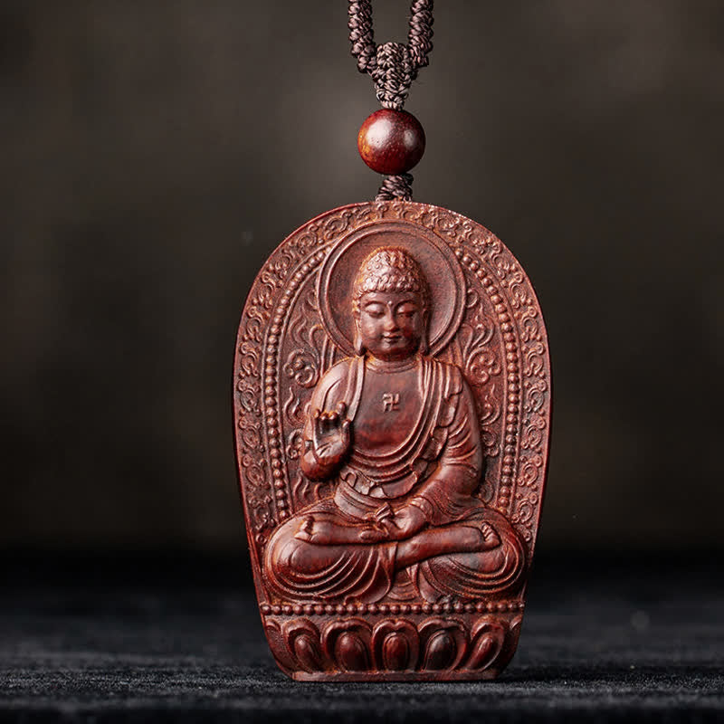 Mythstone Chinese Zodiac Natal Buddha Small Leaf Red Sandalwood Lotus Protection Necklace Pendant