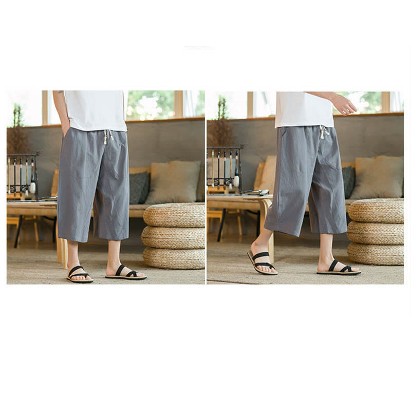 Mythstone Solid Color Mid-Length Wide Leg Pants Cotton Men's Wide Leg Pants With Pockets