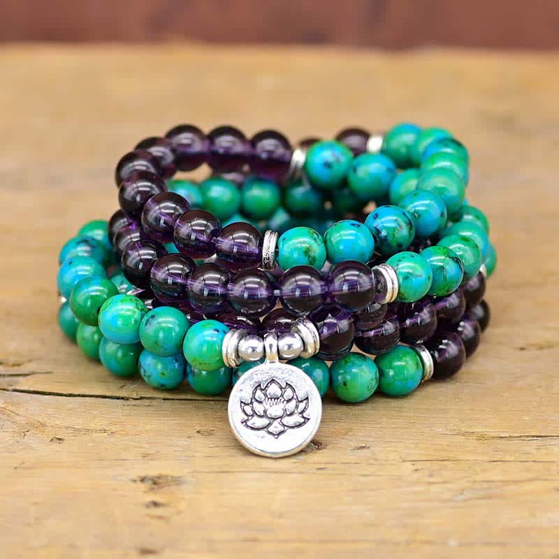 Pulsera con dijes espirituales de loto, amatista y aventurina verde