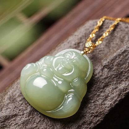 Mythstone 925 Sterling Silver Laughing Buddha Cyan Jade 18K Gold Success Necklace Pendant