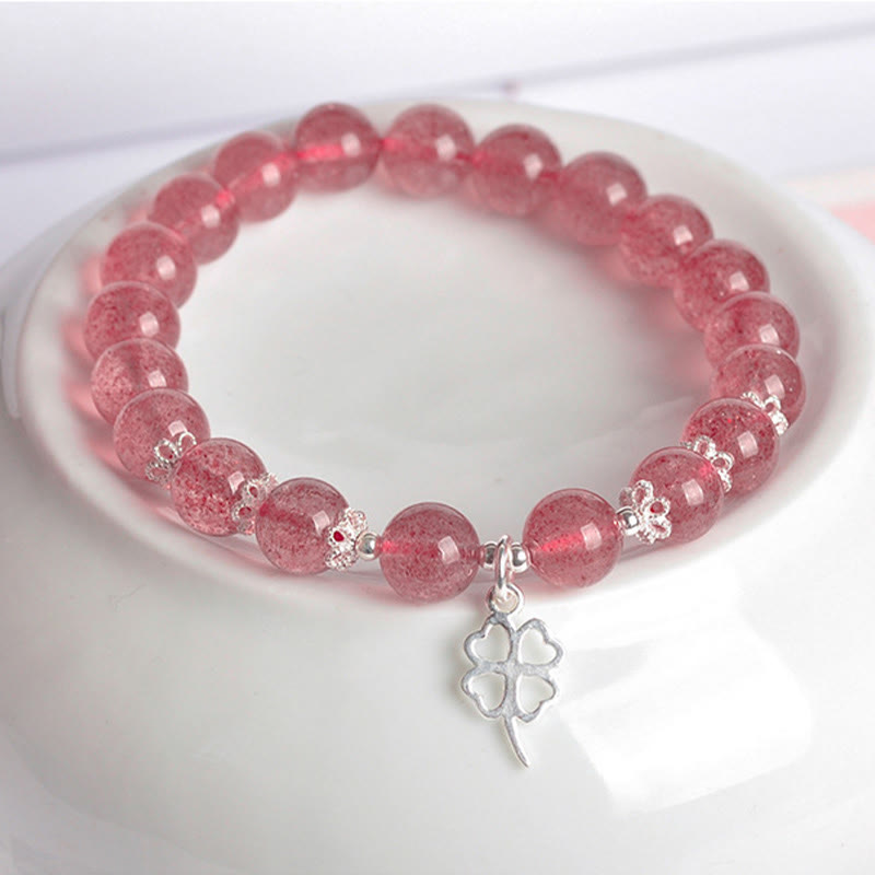 Mythstone 925 Sterling Silver Strawberry Quartz Four Leaf Clover Love Bracelet