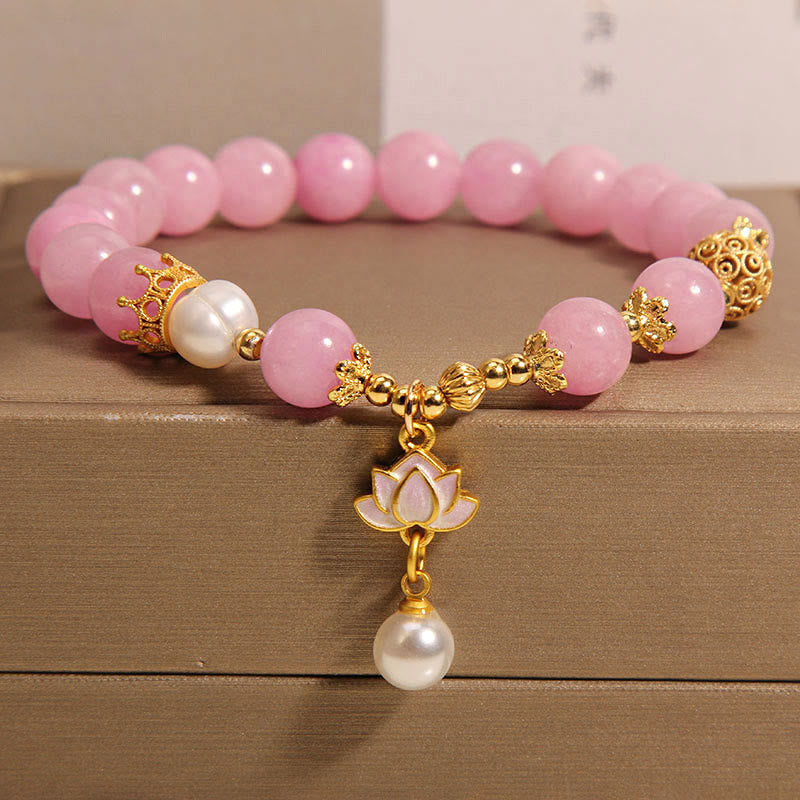 Mythstone Pink Jade Pearl Lotus Charm Harmony Bracelet