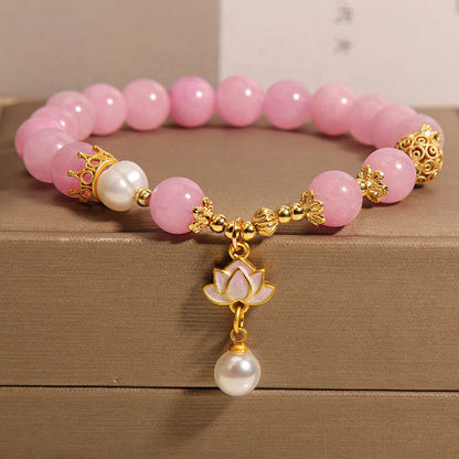 Mythstone Pink Jade Pearl Lotus Charm Harmony Bracelet