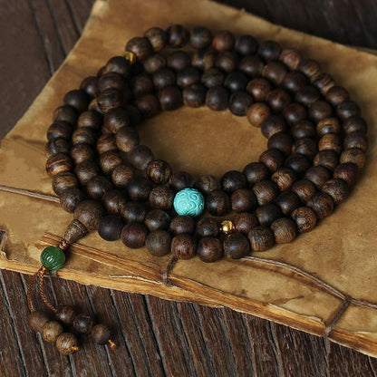 MythStone 108 Mala Beads Nha Trang Agarwood Turquoise Prayer Meditation Bracelet Mala