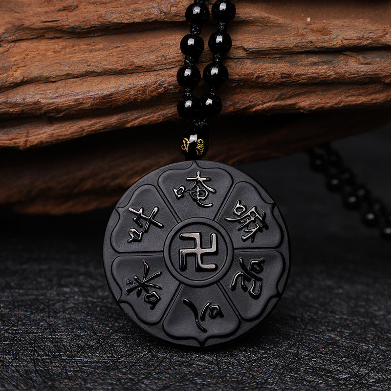 Mythstone Natural Black Obsidian Tibetan Om Mani Padme Hum Buddha Swastika Luck Necklace Pendant